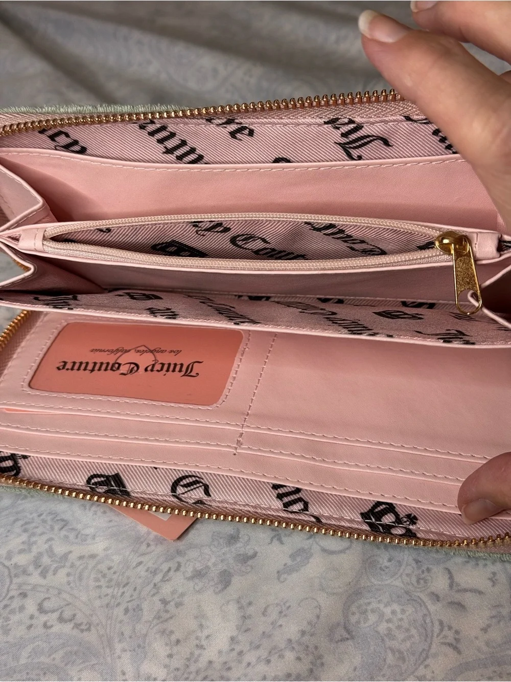 Juicy Couture Soft Terrycloth Mint with Pink Embroidered Logo Wristlet Wallet